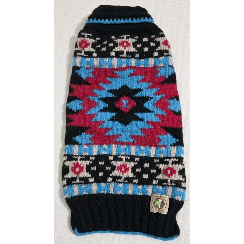 Chilly Dog Sweater‎ Sz L Black Red Blue 100% Wool Aztec Tribal Warm Thick Winter